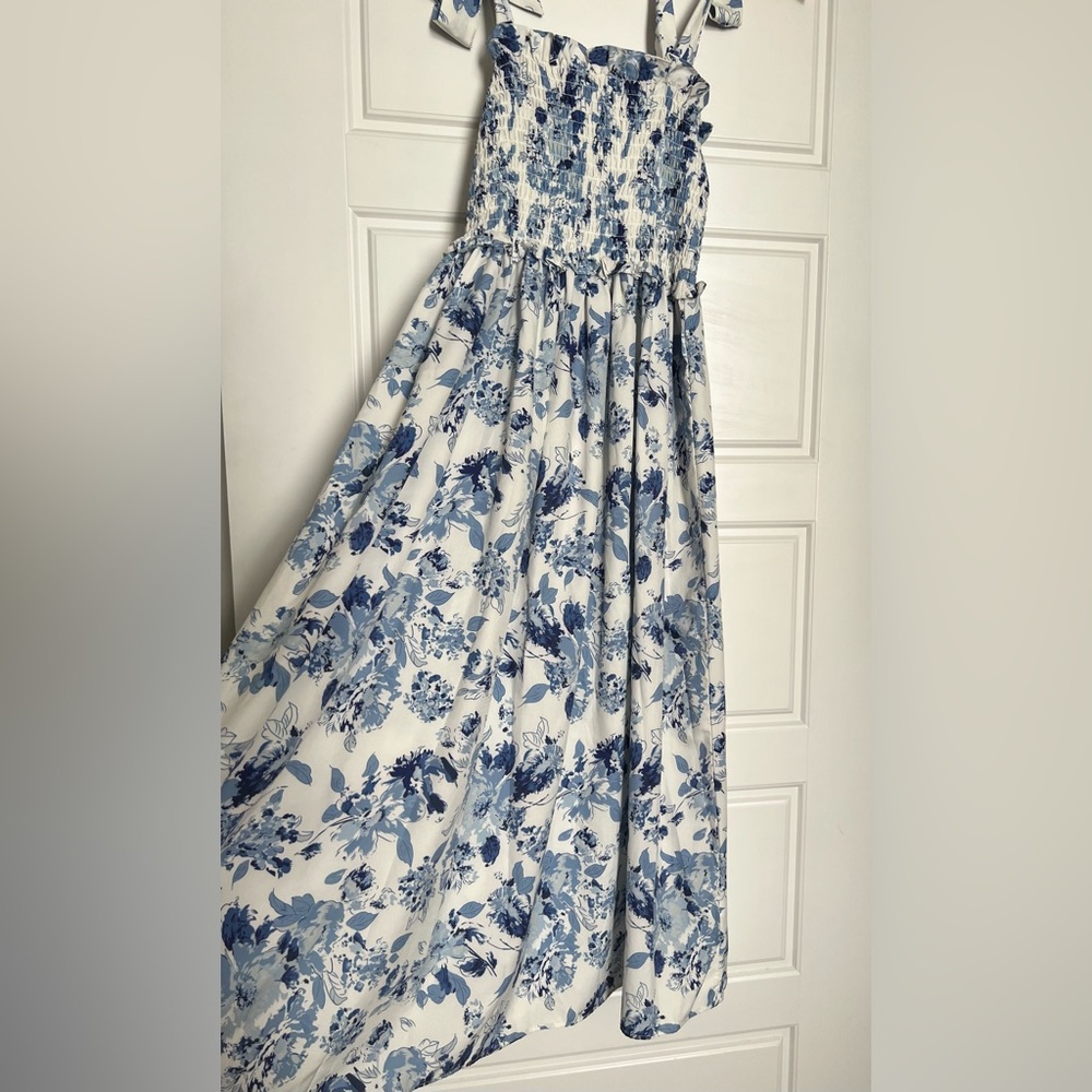 **SOLD** Cute white and blue floral maxi dress with smock detail. - Picture 1 of 7
